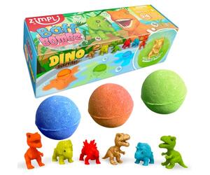 ZIMPLI - 3 x Large Dino Surprise Bath Bombs, 1 of 6 Surprise Dinosaur Toys to Collect, One per Baff Bomb, Bubble Bath Fizzies for Birthday, Xmas Gifts