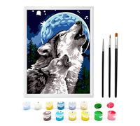 Zimrobin Paint by Numbers for Children Ages 6-12 with Pre-Printed Cardboard, 12 Vibrant Acrylic Paint Pots, a Frame, and 3 Painting Brushes(The Wolf and Moon)