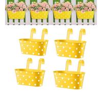 Zinaroty 4 pcs Metal Iron Railing Hanging Planter with Drainage Hole Plant Hanging Bucket with Removable Double Hooks Oval Planter for Garden Balcony Decoration (Yellow)