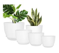 Zinaroty 5 Pack Plastic Plant Pots,19/16.5/14/12.7/11.5cm Modern Flower Pots with Drainage Holes and Saucer for Indoor and Outdoor Plants (White)