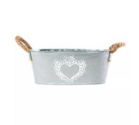 Zinc Tin Silver Trough Oval Plant Pot 30cm, 12inch Heart Print Planter With Rope Handles Indoor Outdoor Balcony Patio Weatherproof Pot (1)