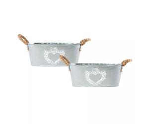 Zinc Tin Silver Trough Oval Plant Pot 30cm, 12inch Heart Print Planter With Rope Handles Indoor Outdoor Balcony Patio Weatherproof Pot (2)