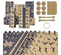 Zindoo 12 Sheets Christmas Wrapping Paper, Blue & Brown Xmas Gift Wrapping Paper, Recyclable Kraft Paper 70x50CM in Folded Sheets with 6 Christmas Designs (Bonus 2x10M Jute String & 12 Tags & Tape)