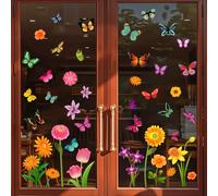 Zindoo 9 Sheet Spring Summer Garden Flower Window Clings, 81Pcs Double Sided Butterfly Wildflower Sunflower Floral Window Decals, Anti-Collision Glass Window Doors Window Stickers