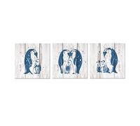 ZingArts 3 Pieces Animals Painting Canvas Wall Art Teal Blue Penguin Family Love On Vintage Wood Background for Living Room Bedroom Bathroom Stretched and Framed Ready to Hang 12x12inchx3pcs