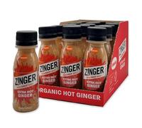 Zinger extra hot ginger shot (Pack of 15 x 70ml). Organic plant based shot with 27.9g of pressed ginger juice. Natural kick in a pocket-sized format with no added sugar.
