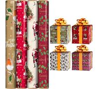 ZINNIAUK 4 x 4M Christmas Wrapping Paper Rolls | 4 Assorted Traditional Festive Designs for Gift Wrap, Holiday Gifts & Party Favors | Ideal for Christmas Presents & Seasonal Packaging