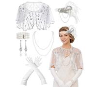 Zinniday 6 Pcs 1920s Accessories for Women, Vintage White 20s Flapper Accessories with Feather Headband Pearl Necklaces Bracelet Earrings Gloves and Shawl Wraps, Roaring 20s Theme Set for Party
