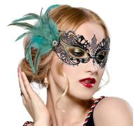 Zinniday Feather Masquerade Mask for Women - 2025 Green Venetian Antique Masks Mardi Gras Eyemask with Shiny Rhinestone for Woman Bar Prom Ball Pretty Party Renaissance Costume Accessory