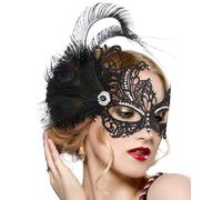 Zinniday Peacock Feather Masquerade Mask - Halloween Black Lace Eyemask with Removable Feathers, 1920s 50s Venetian Party Masks for Women Lady Couples Renaissance Cosplay Prom Dress Up