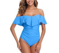 ZINPRETTY Womens Retro One Piece Bathing Suit Tummy Control Off Shoulder Swimsuit Flounce Ruffled Monokini Full Coverage, Light Blue One Piece, XL