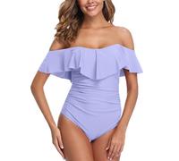 ZINPRETTY Womens Retro One Piece Bathing Suit Tummy Control Off Shoulder Swimsuit Flounce Ruffled Monokini Full Coverage, Purple One Piece, Medium