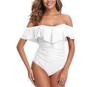 ZINPRETTY Womens Retro One Piece Bathing Suit Tummy Control Off Shoulder Swimsuits Flounce Ruffled Monokini, White Swimsuit, Large