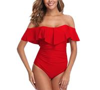 ZINPRETTY Womens Retro One Piece Bathing Suit Tummy Control Off Shoulder Swimsuits Flounce Ruffled Monokini, Red Swimsuit, Large