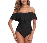ZINPRETTY Womens Retro One Piece Bathing Suit Tummy Control Off Shoulder Swimsuits Flounce Ruffled Monokini, Black Swimsuit, Small