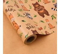 ZINTBIAL Baby Shower Kraft Wrapping Paper Roll - Unisex Baby Showers & Kids Birthdays Gift Wrap Paper - 17 Inch x 33 Feet - Cute Animal Design with Cut Lines, Newborn Theme Party for Boy or Girl