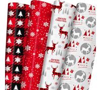 ZINTBIAL Christmas Wrapping Paper Jumbo Sheets - Winter Holiday Scene Red Plaid, Reindeer, Snowflakes & Buffalo Bear Check Designs - 28 x 40 Inches, 6 Jumbo Sheets - Easy to Store