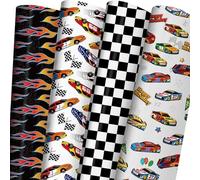 ZINTBIAL Race Car Wrapping Paper for Kids Birthday - Flames, Checkered Flags, Colorful Racing Cars and Happy Birthday Words Designs - 20 x 29 Inches, 8 Folded Sheets, Easy to Store…