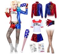 Zinueen Costume Women's Halloween Cosplay Costumes Kit with Baseball Bat Inflatable Temporary Tattoos, Gloves, Jacket, T-Shirt, Shorts, Fishnet Stockings, Harley Costume for Adults