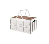 Zinueen Folding Box, Sturdy, 30 L Camping Box with Lid, 43 x 30 x 24 cm, Foldable Boot Organiser & Picnic Basket, Robust PP Storage Box with Wooden Lid (White)