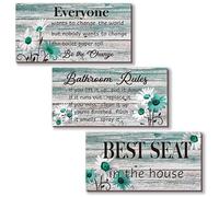 ZINYAZHE 3 Pcs Farmhouse Bathroom Rules Wall Decor Teal Daisy Floral Flowers Bathroom Art Rustic Wood Plaque for Spa Laundry Toilet(10 x 5 Inch)