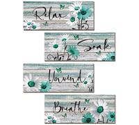 ZINYAZHE 4 Pcs Farmhouse Bathroom Wall Decor Daisy Floral Flowers and Butterfly Teal Bathroom Art Relax Soak Unwind Breathe Rustic Wood Plaque for Home Spa Laundry (10 x 4 Inch)