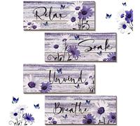 ZINYAZHE 4 Pcs Farmhouse Bathroom Wall Decor - Purple Daisy Floral Flowers and Butterfly Wall Art - Relax Soak Unwind Breathe Rustic Wood Plaque for Home Spa Laundry (10 x 4 Inch)