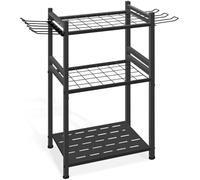 Ziociura Outdoor Storage Organizer Garden Tool Rack Holder Stand With Slotted Base Carbon Steel Structure Wire Grid Shelves Side Hooks suitable for garden cleanup lawn gear home storage