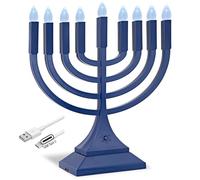 Zion Judaica 9" LED Hanukkah Menorah Blue Powered by Batteries or Included 3' USB C Cable Flameless Chanukkah Candles Holder LED Electric Minorah Bulbs Chanukah Decoration Lights Hanukkiah