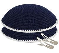 Zion Judaica Bulk Knitted Kippahs 16cm Quality Knit Handmade Kippots Cotton Yarmulkes 6.3", Navy Blue, White Trim, One size