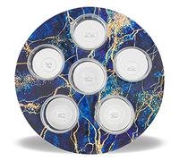 Zion Judaica Decorative Passover Seder Plate Artistic Blue and Gold Marble Decal Passover Seder Tray with 6 Glass Liners Marked with Seder Symbolic Seder Foods Pesach Dishware