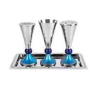 Zion Judaica Elegant Havdulah Set for End of Shabbat Hammered Metal with Blue Accents Sherry Shaped Kiddush Cup Goblet, Besamim Spice Holder, Havdalah Candle Holder & Tray Polished Finish Shabbos Set