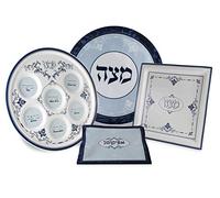 Zion Judaica Full Passover Seder Plate Set Blue Renaissance Collection Pesach Set 12" Ceramic Seder Plate 9.5" Square Matzo Plate 17" Round Matzah Cover & Afikoman Bag Elegant Passover Decorations