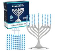 Zion Judaica Mini Classic Menorah with Mini Birthday Size Hanukkah Candles - Satin Silver Small Travel Minorah with 44 Blue and White Spiral Chanukah Candles - On The Go Hanukkiah Cute Hanukkah Gift