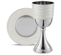 Zion Judaica Passover Seder Luxurious White Enamel Kiddush Cup Set Gift Boxed Polished Nickel Plated White Enamel Elegant Wine Cup 5.75" Elijah Goblet and Matching Tray Table Décor for Pesach Shabbos