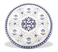 Zion Judaica Porcelain Seder Plate 13.5" Round Seder Tray with Byzantine & Fleur De Lis Designs 6 Sectional Passover Plate with Hebrew & English Markings Dishware for Passover Celebration