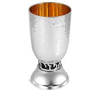 Zion Judaica Shabbat Kiddush Cup with Wine Blessing - Hammered Belly Shape - Short Foot Wine Goblet for Rosh Hashanah Shabbos Yom Tov Jewish New Year Wine Cup Judaica Gift for Wedding Bar/Bat Mitzvah