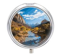 Zion National Park Pill Box 3 Compartment Travel Pill Organizer with Small Mirror Portable Pillcase for Pocket & Purse Cute Round Medicine Case Weekly Medicine Container
