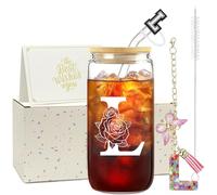 ZIOSINM A-Z Initial Personalised Birthday Gifts for Women - Glass Cups | 500 ml Iced Coffee Glass Cups with a Straw, Lid and Key Ring, Personalised Gifts for Friend, Mum, Wife, Colleague