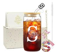 ZIOSINM A-Z Initial Personalised Birthday Gifts for Women - Glass Cups | 500 ml Iced Coffee Glass Cups with a Straw, Lid and Key Ring, Personalised Gifts for Friend, Mum, Wife, Colleague