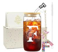 ZIOSINM A-Z Initial Personalised Birthday Gifts for Women - Glass Cups | 500 ml Iced Coffee Glass Cups with a Straw, Lid and Key Ring, Personalised Gifts for Friend, Mum, Wife, Colleague
