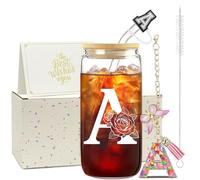ZIOSINM A-Z Initial Personalised Birthday Gifts for Women - Glass Cups | 500 ml Iced Coffee Glass Cups with a Straw, Lid and Key Ring, Personalised Gifts for Friend, Mum, Wife, Colleague