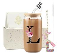 ZIOSINM A-Z Initial Personalised Birthday Gifts for Women, Iced Coffee Cup | 500 ml Iced Coffee Glass Cups with a Straw, Lid and Key Ring, Personalised Gifts for Wife, Mum, Friend, Colleague