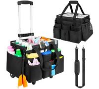 ZIOZERTT Large Rolling Cleaning Caddy Bag with Detachable Trolley,Cleaning Cart on Wheels with Shoulder Strap,Cleaning Supplies Organizer for Housekeepers,Black
