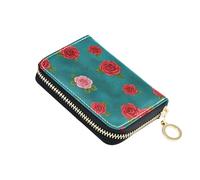 Zip Around Wallet for Women RFID Blocking Credit Card Wallets Cute Small Zipper Change Purse with Key Ring Vibrant Red Floral Leaves Blue