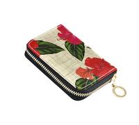 Zip Around Wallet Womens Credit Card Wallets RFID Blocking Leather Zipper Change Purse with Key Ring Red Hibiscus Flowers