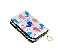 Zip Around Women Wallet 9 Credit Card Slots & 2 Cash Slots Leather Travel Wallet with Zipper Cute Cartoon Whales Pastel Blue