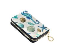 Zip Around Women Wallet Cute Card Holder Wallets RFID Blocking Small Coin Purse Wallet with Zipper Vintage Blue Seahorse Shells