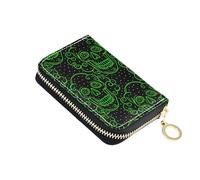 Zip Around Women Wallet RFID Blocking Card Holder Cute Small Coin Change Purse with Zipper Bright Green Skulls White Spots