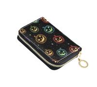 Zip Around Women Wallet RFID Blocking Card Holder Cute Small Zipper Change Purse with Key Ring Colorful Halloween Neon Pumpkins Black